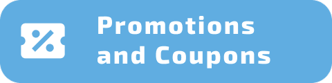 Blue button with a percentage symbol and the text "Promotions and Coupons."