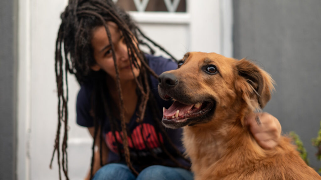 Person with dreadlocks petting a happy brown dog.