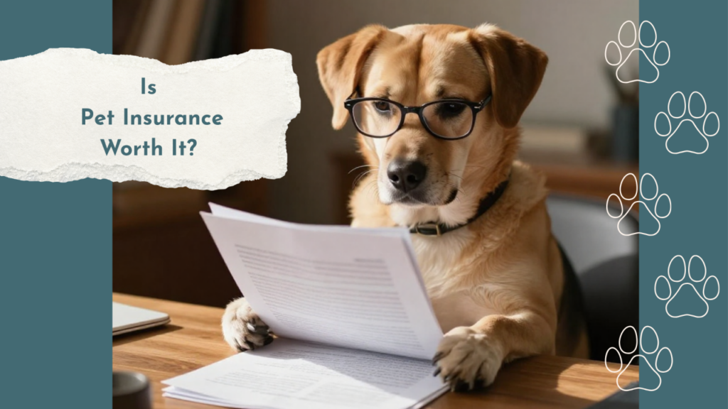 A dog wearing glasses is reading papers at a desk, with a sign asking, "Is Pet Insurance Worth It?"