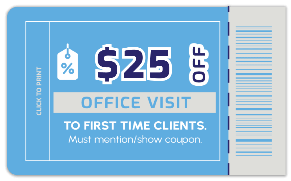 Blue coupon offering $25 off an office visit for first-time clients; requires mentioning or showing the coupon.