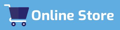 Blue shopping cart icon next to the text "Online Store" on a blue background.