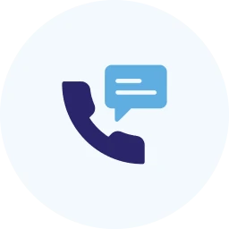 Dark blue phone handset with a blue speech bubble containing two white lines above it.